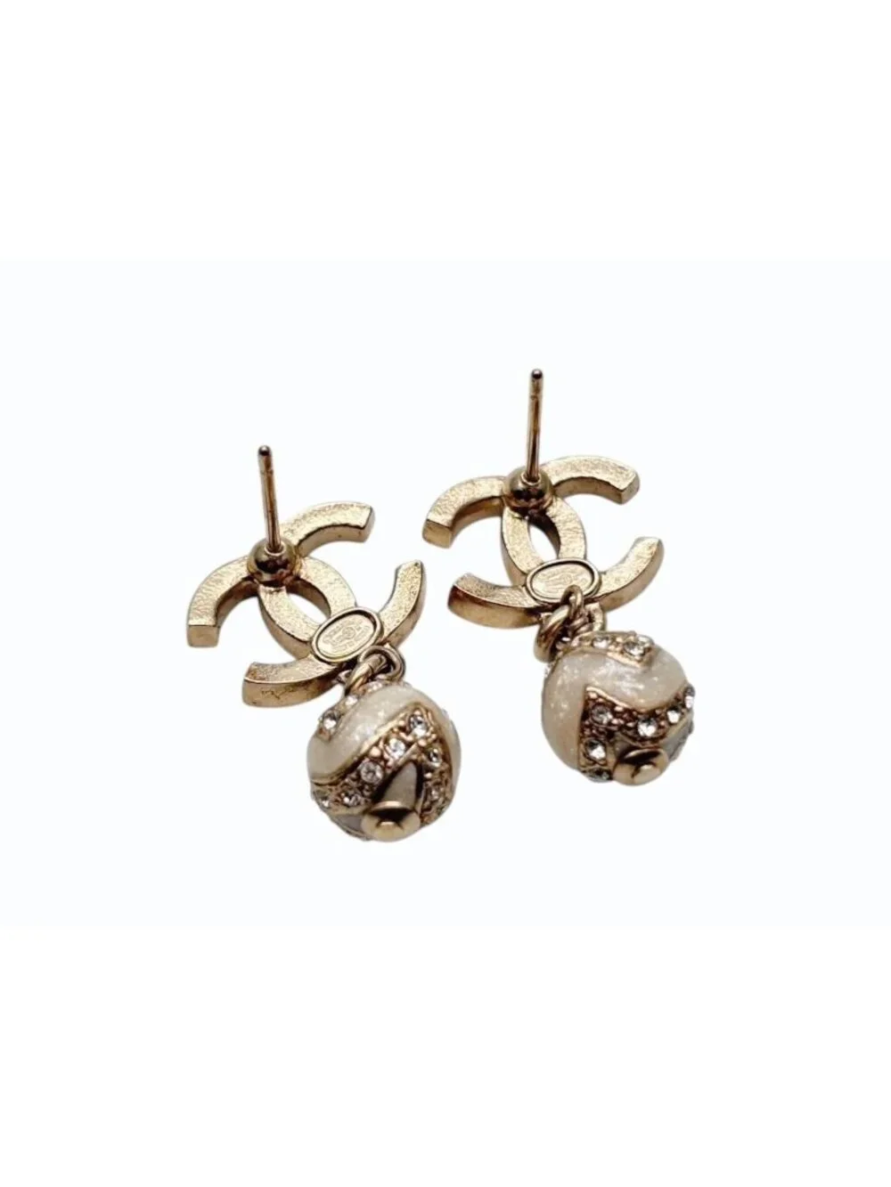 Chanel CC Logo Dangling Earrings Rhinestone Metal Resin